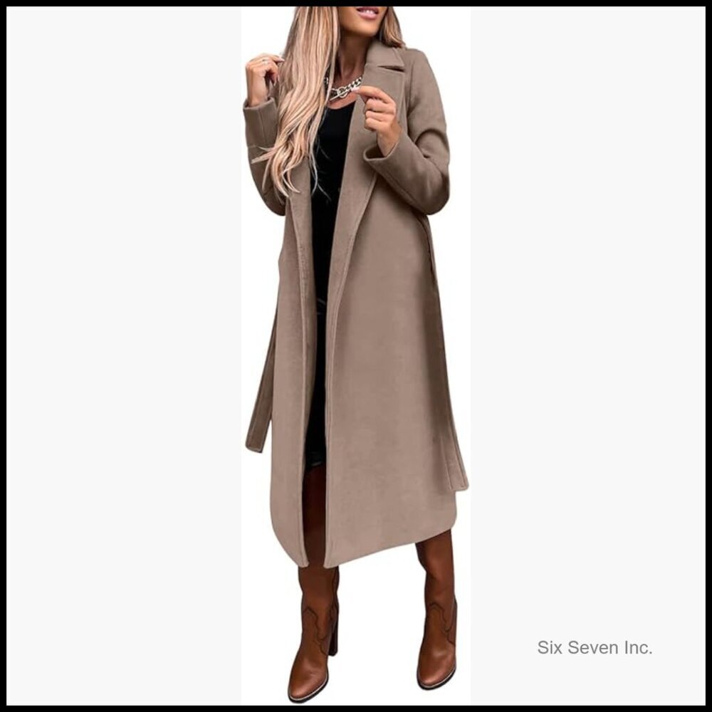 Long Wool Pea Coat with Notched Collar and Belt, Woolen Blend Trench - Picture 1 of 7